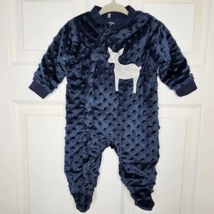 Kyle & Deena Footie Pajamas Fleece Deer Graphic Navy Blue White Baby Size 0-3M